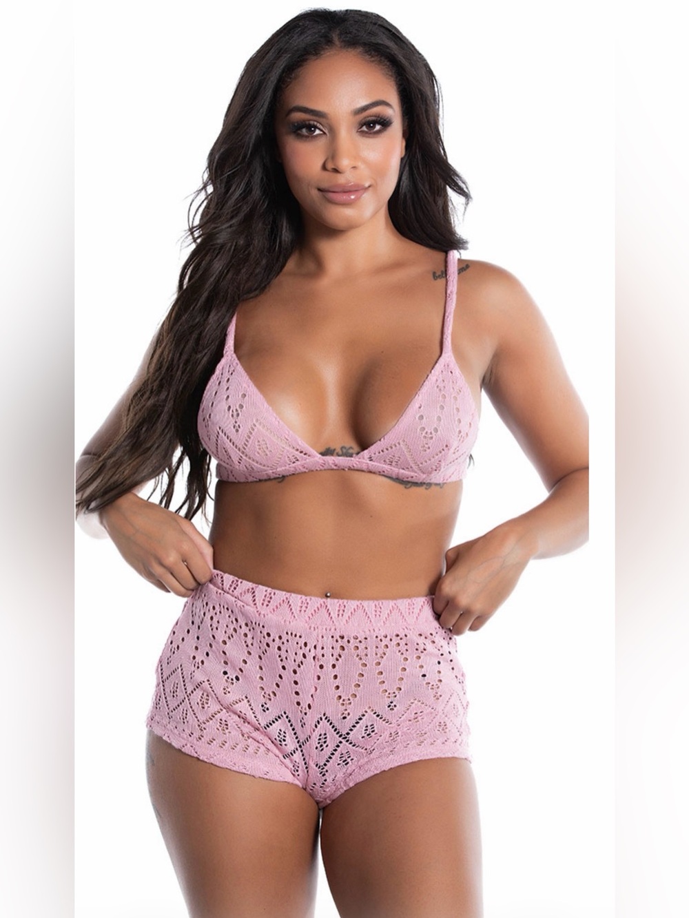 Lace Bralette & High-Waist Brief Set - Pink